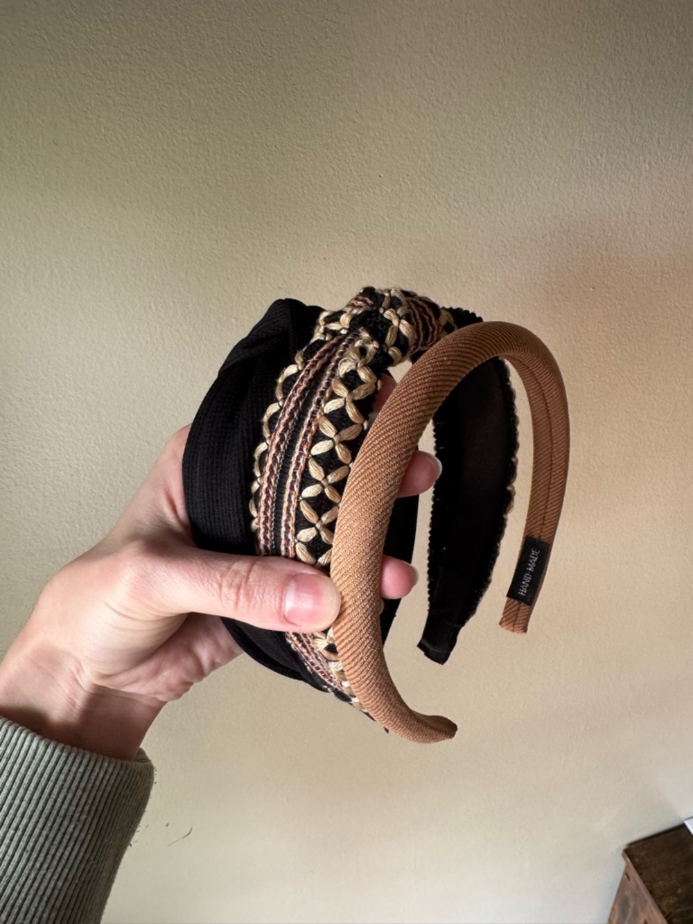 Neutral Headband Bundle - Boho Embroidered, Ribbed Black & Camel